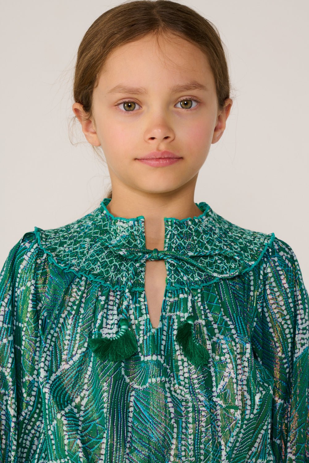 Girls' Green Akoya mini dress – Mini Dress Anna by Poupette St Barth, fabric detail