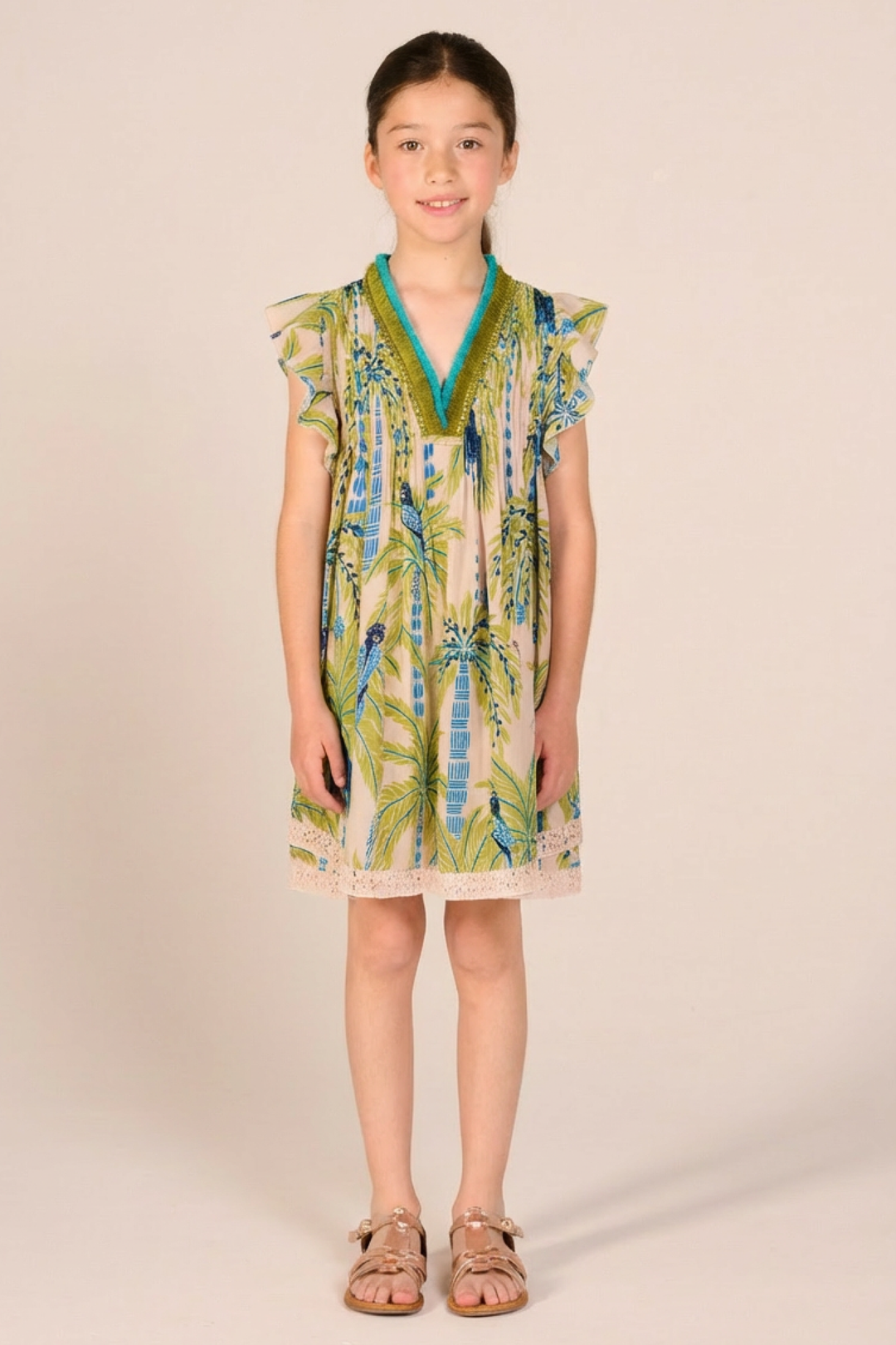 Girls' Green Mini Palmrott mini dress – Mini Dress Sasha by Poupette St Barth, front view