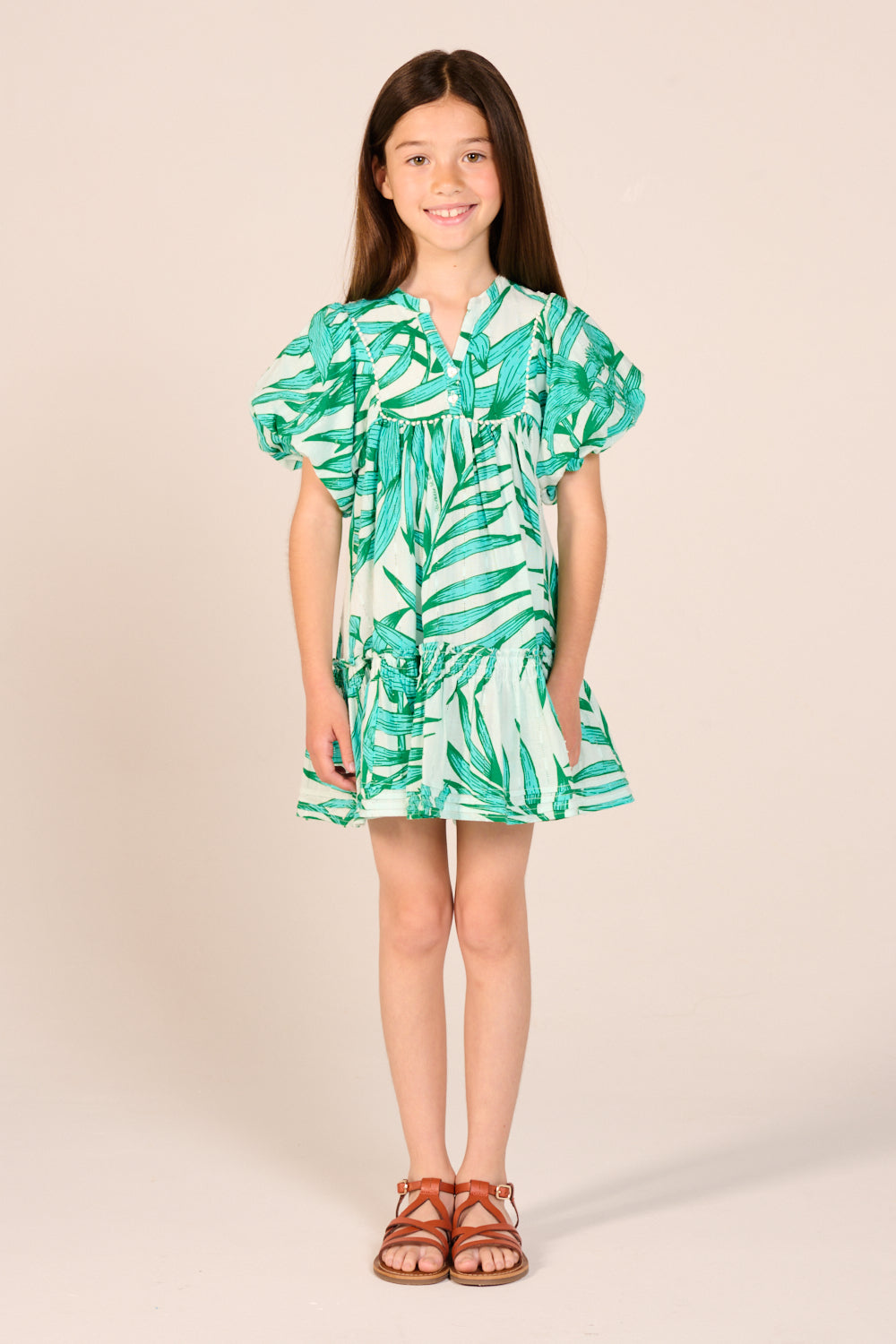 Girls' Green Palm Leaf mini dress – Mini Dress Cruz by Poupette St Barth, front view