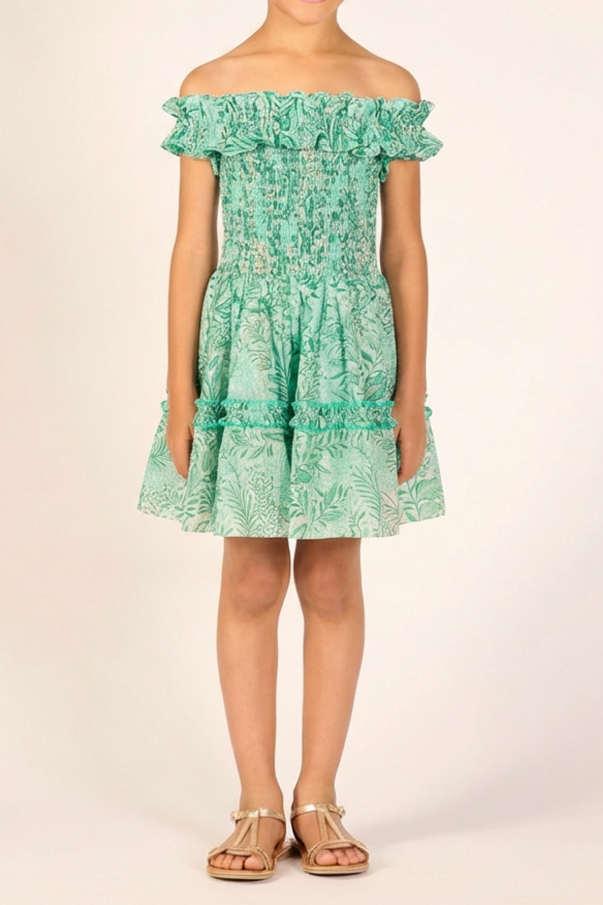 Green Palmarosa mini dress for girls by Poupette St Barth, featuring metallic accents and cotton fabric.