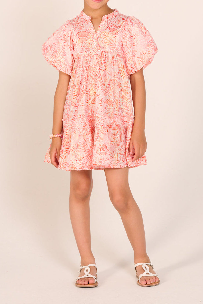 Orange Palmarosa cotton mini dress for girls by Poupette St Barth, featuring a stylish Cruz design and metallic accents.