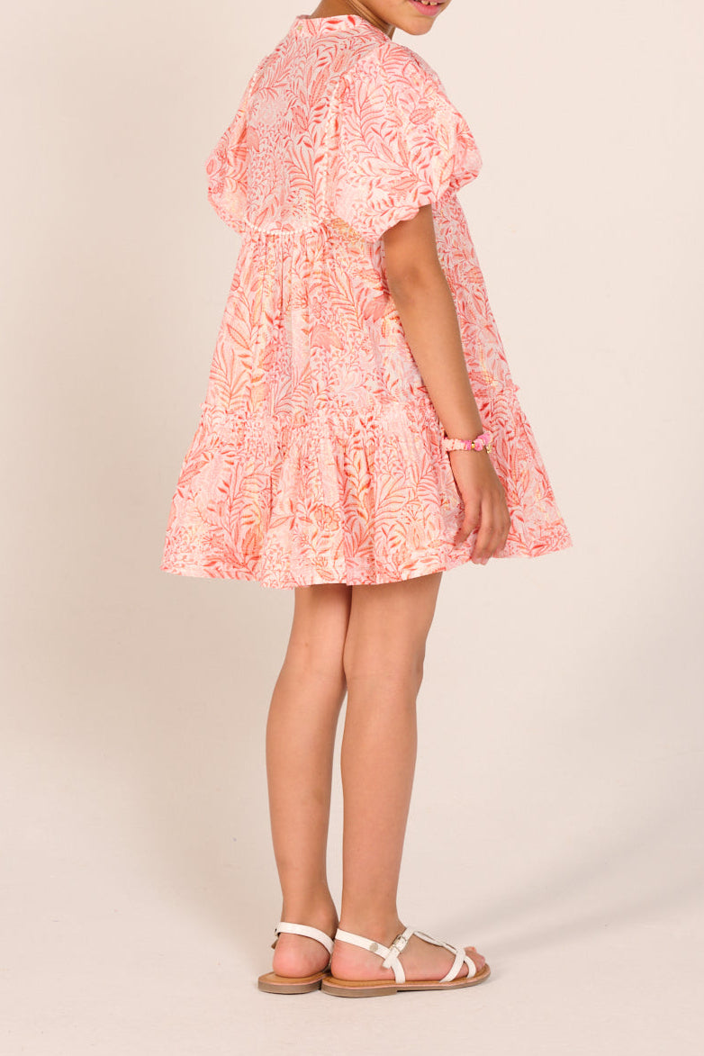Orange cotton metallic mini dress for girls, Cruz style by Poupette St Barth, with a vibrant, summery design.