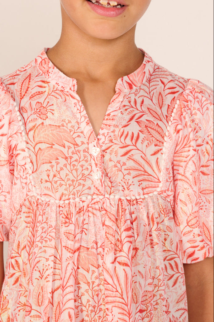 Orange cotton metallic mini dress for girls by Poupette St Barth, featuring Cruz style and vibrant Palmarosa color.