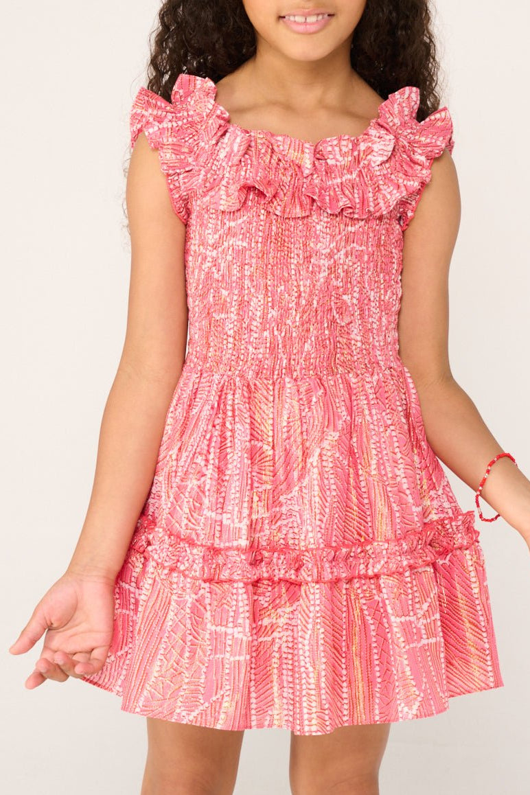 Pink cotton metallic mini dress for girls by Poupette St Barth, featuring a stylish Amber design from the Mini Dresses collection.