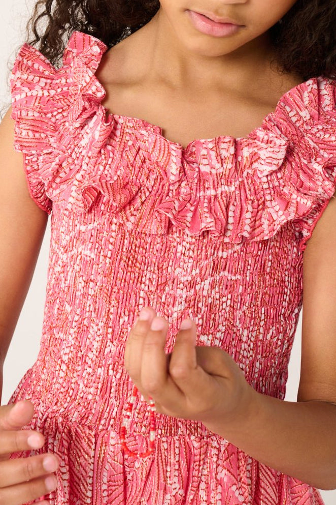 Pink cotton metallic mini dress for girls by Poupette St Barth, featuring a stylish Amber design and feminine details.