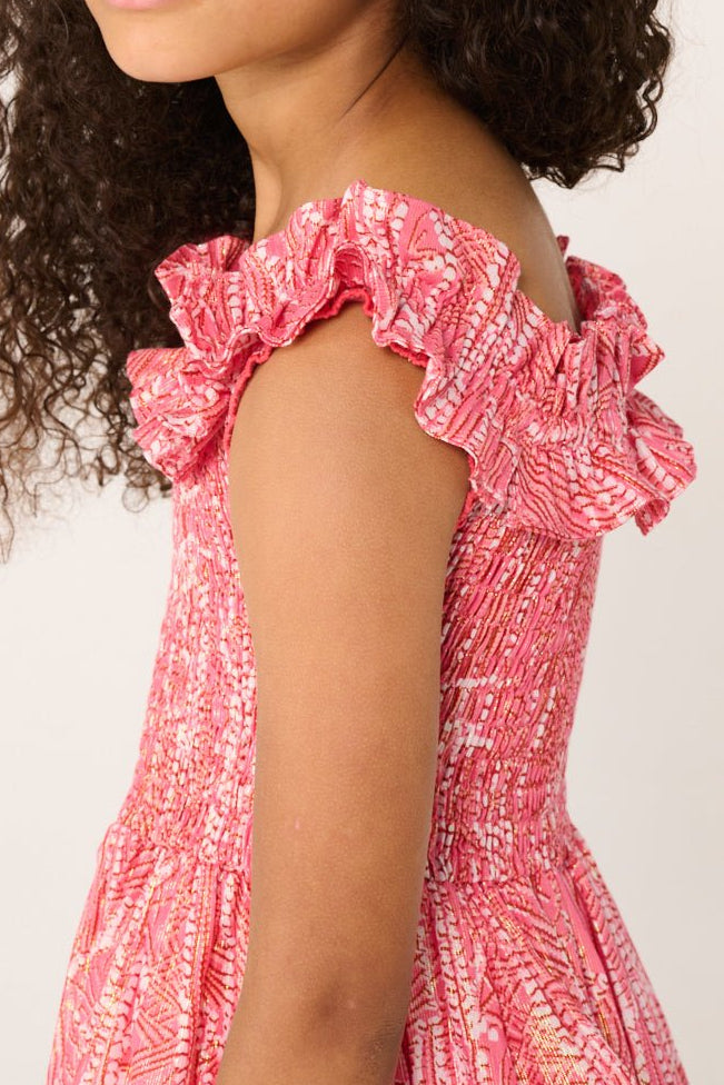 Pink Akoya mini dress for girls by Poupette St Barth, featuring lightweight cotton with metallic accents and a stylish design.