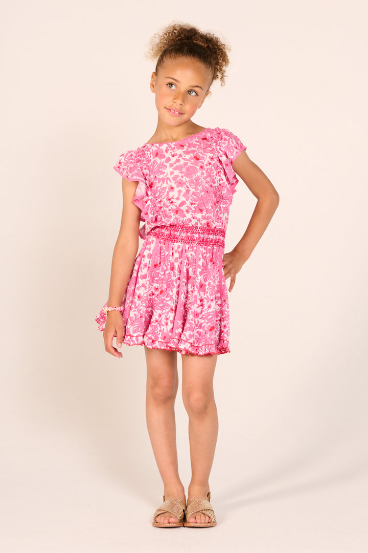 Pink Aquaflora mini dress for girls by Poupette St Barth, featuring a playful, colorful floral pattern and lightweight fabric.