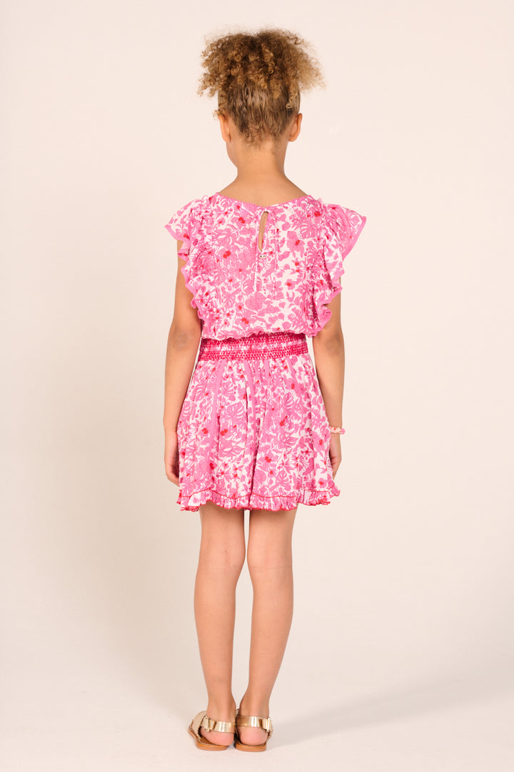 Pink aquaflora mini dress for girls by Poupette St Barth, featuring a floral pattern and lightweight fabric.