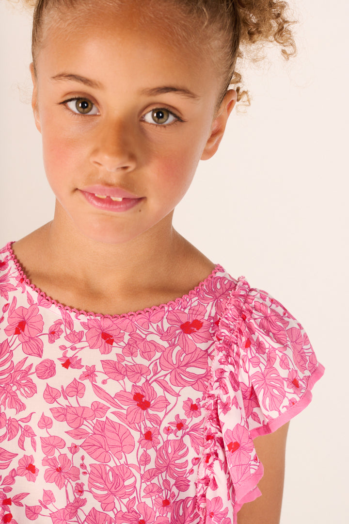 Pink Aquaflora mini dress for girls by Poupette St Barth, featuring a floral design and lightweight fabric.