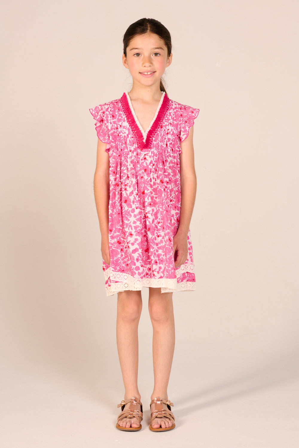 Girls' Pink Aquaflora mini dress – Mini Dress Sasha by Poupette St Barth, front view with lace-trimmed hem