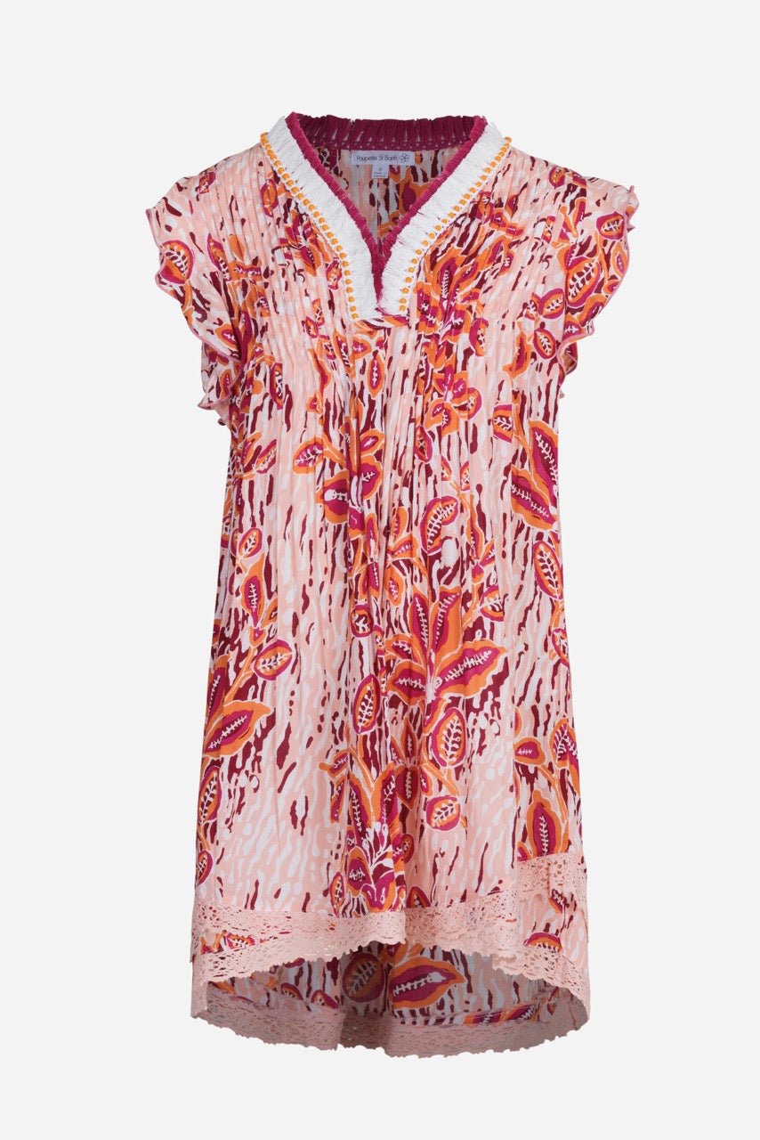 Pink exotic forest mini dress for girls by Poupette St Barth, featuring a playful, colorful floral pattern.