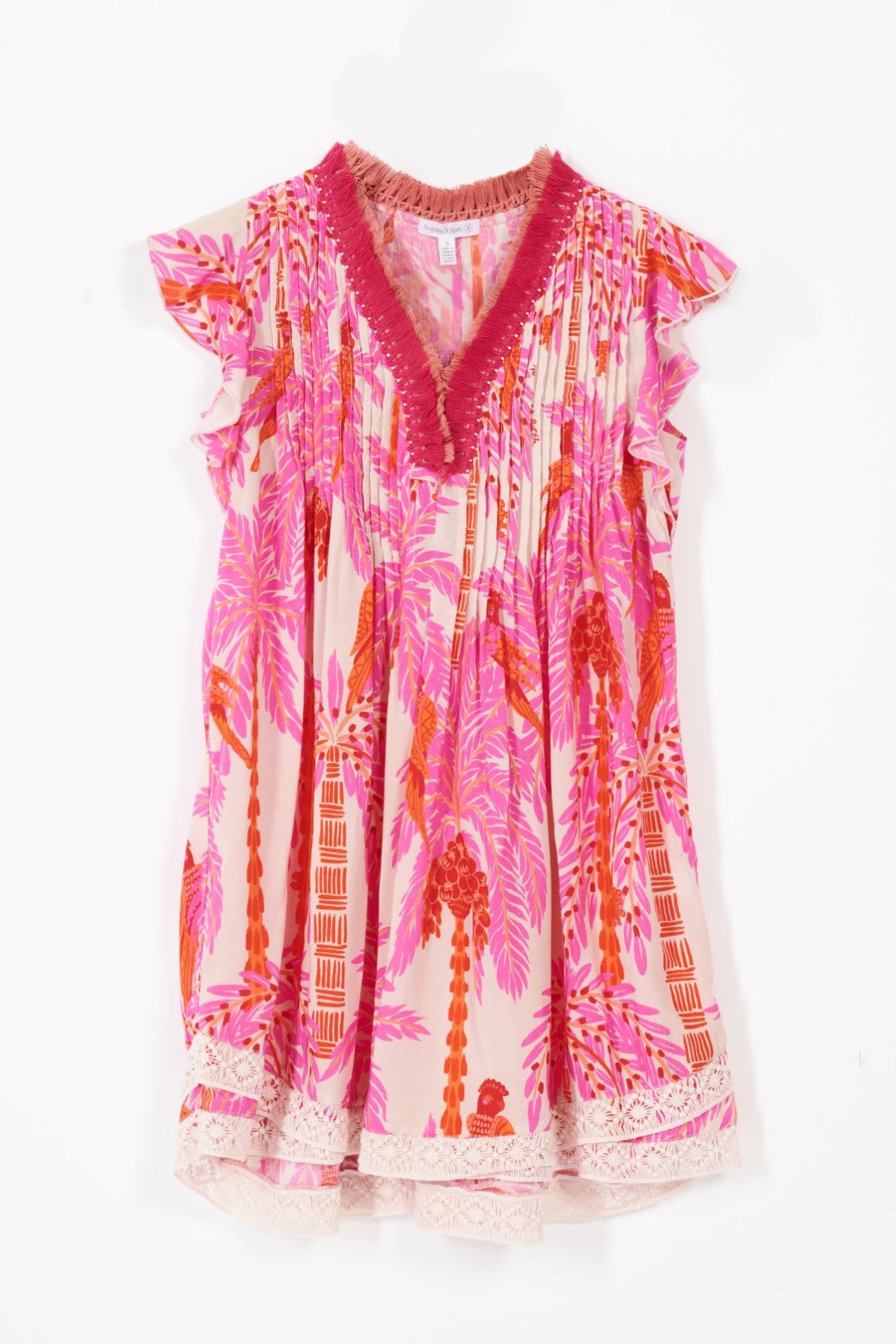 Girls' Pink Mini Palmrott mini dress – Mini Dress Sasha by Poupette St Barth, flat lay with pintucked V-neck bib