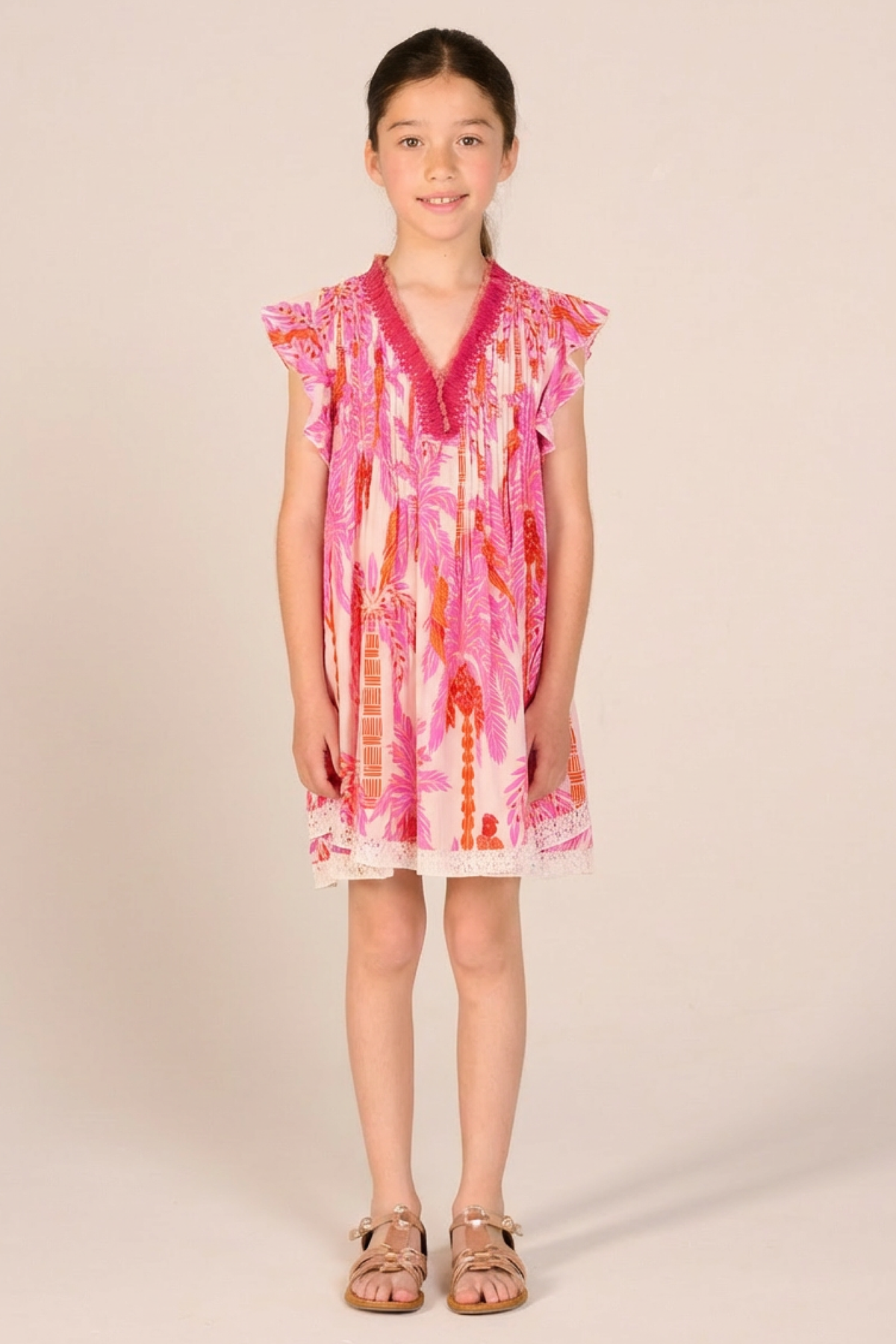 Girls' Pink Mini Palmrott mini dress – Mini Dress Sasha by Poupette St Barth, front view with lace trimmed hem