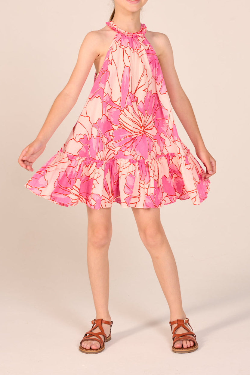 Pink Petal Mini Dress for girls by Poupette St Barth, cotton mousseline fabric, featuring a charming, lightweight design.