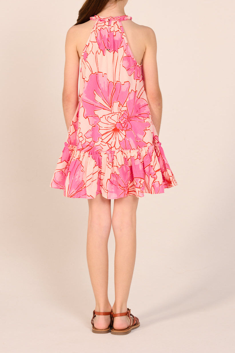 Pink Petal Mini Dress for girls by Poupette St Barth, made of cotton mousseline, featuring a cute, flowy design with ruffle details.