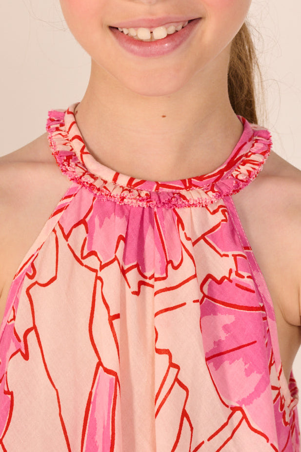 Pink Petal Mini Dress for girls by Poupette St Barth, lightweight cotton mousseline with delicate, feminine design.