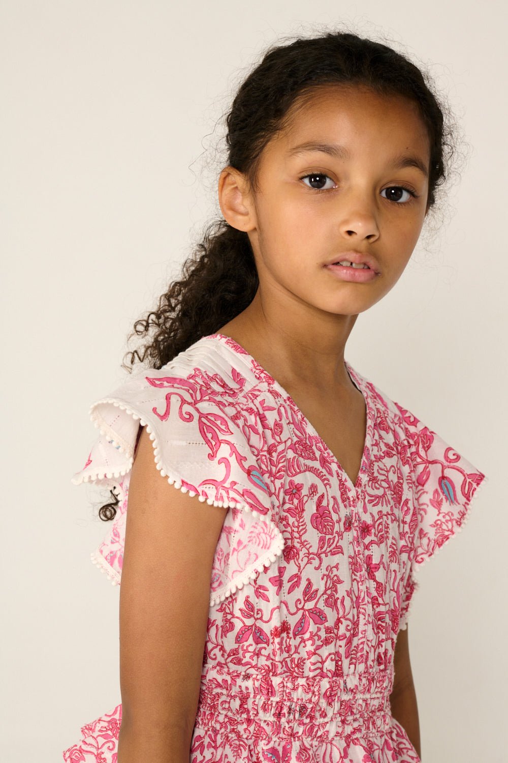 Girls' Pink Tiare mini dress – Mini Dress Noemi by Poupette St Barth, fabric detail