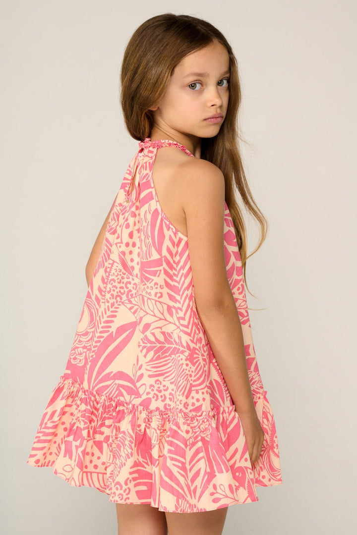 Pink Mini Dress Cleo for girls by Poupette St Barth featuring a playful toucan print and sleeveless design.