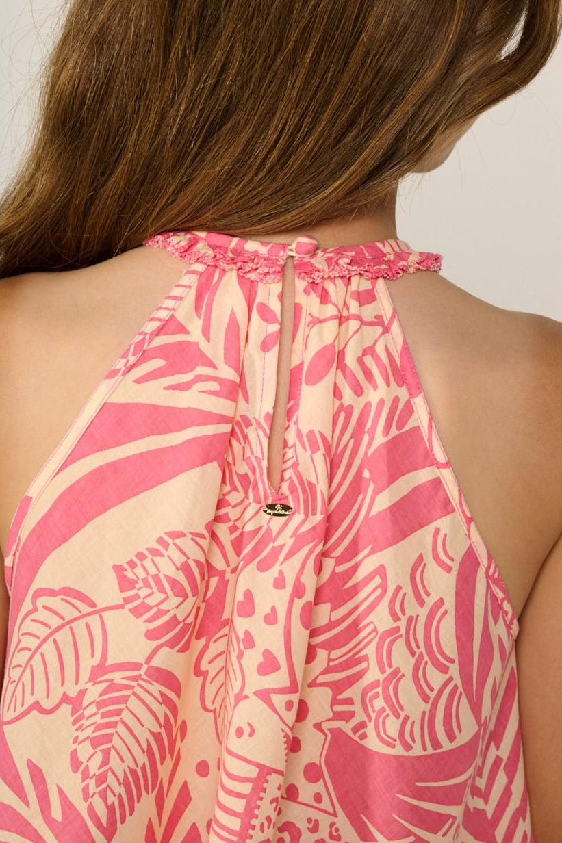 Pink cotton Mini Dress Cleo for girls by Poupette St Barth featuring a playful toucan print.