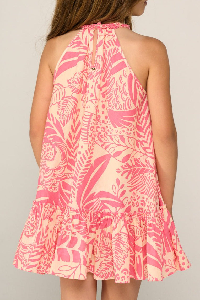 Pink cotton mini dress for girls by Poupette St Barth featuring a playful toucan print and ruffled details.