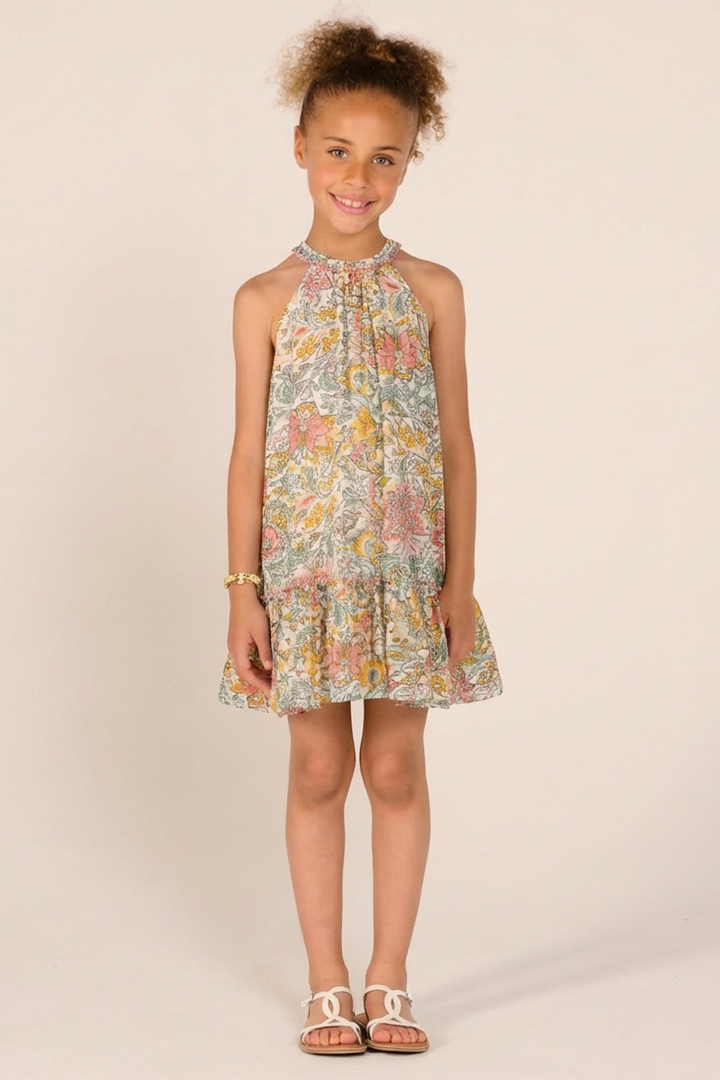 Yellow girls' mini dress Cleo by Poupette St Barth, lightweight and stylish mini dresses for young girls, perfect for warm weather.