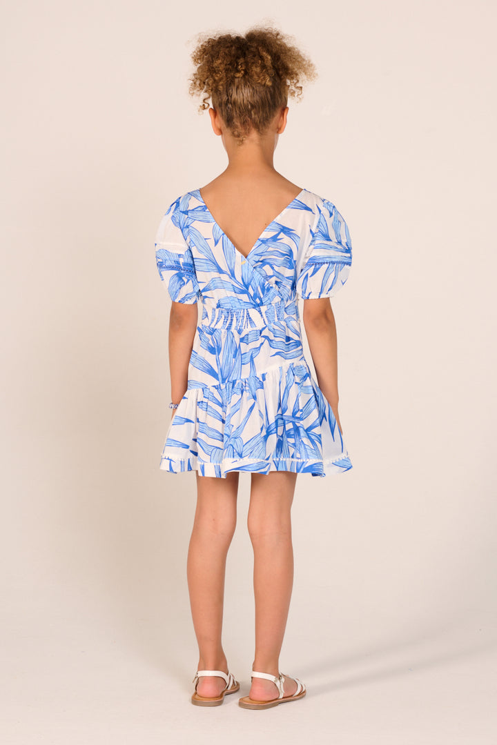 Girls' Mini Dress Chantal by Poupette St Barth in blue with palm leaf print, featuring a stylish and comfortable design.