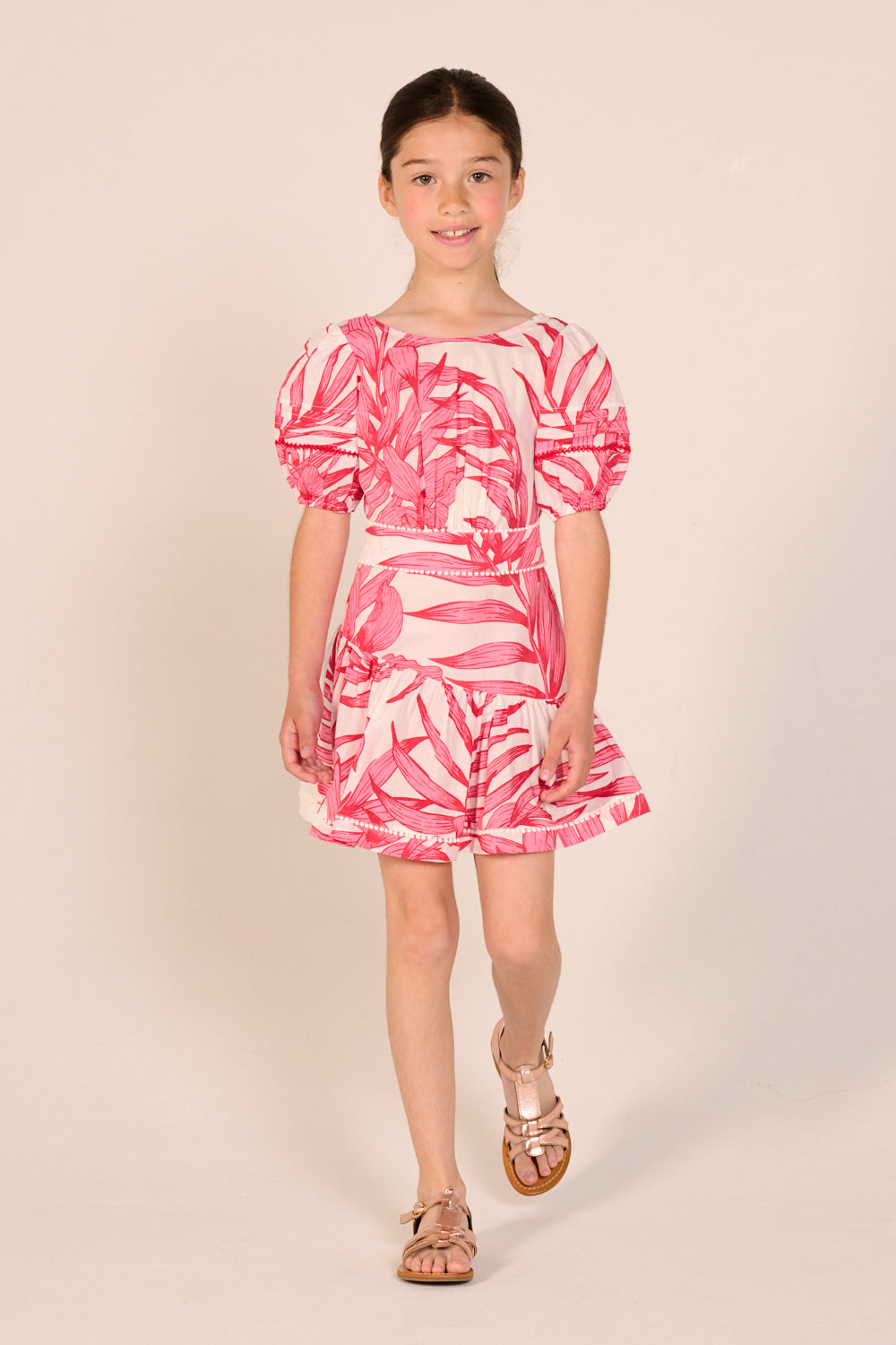 Girls' Pink Palm Leaf mini dress – Mini Dress Chantal by Poupette St Barth, front view