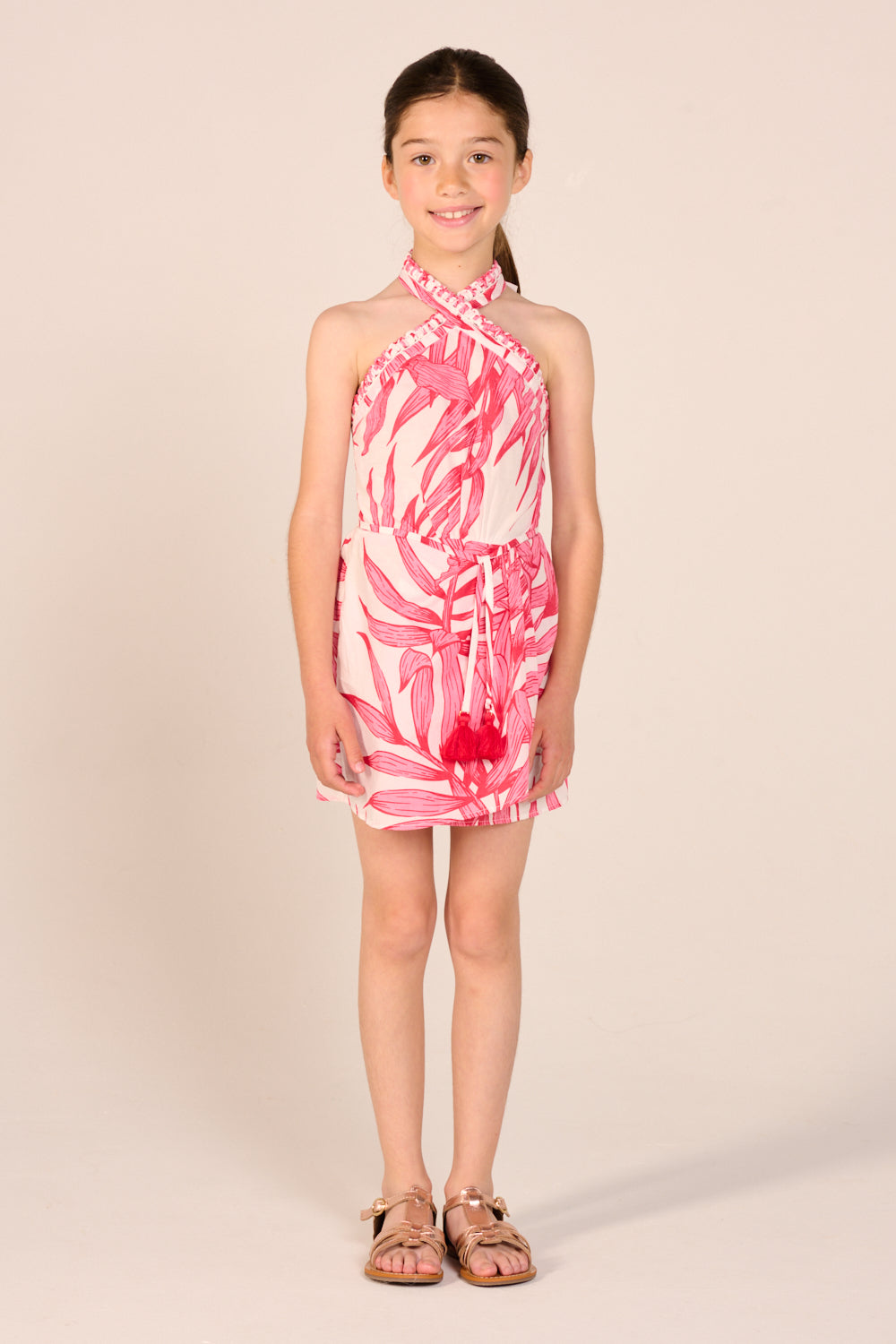 Pink Palm Leaf Mini Dress for girls by Poupette St Barth, featuring a stylish mini dress with palm leaf pattern.