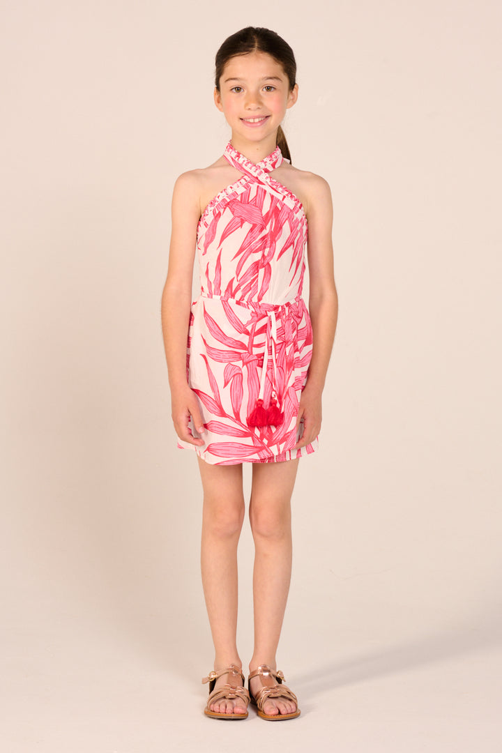 Pink Palm Leaf Mini Dress for girls by Poupette St Barth, featuring a stylish mini dress with palm leaf pattern.