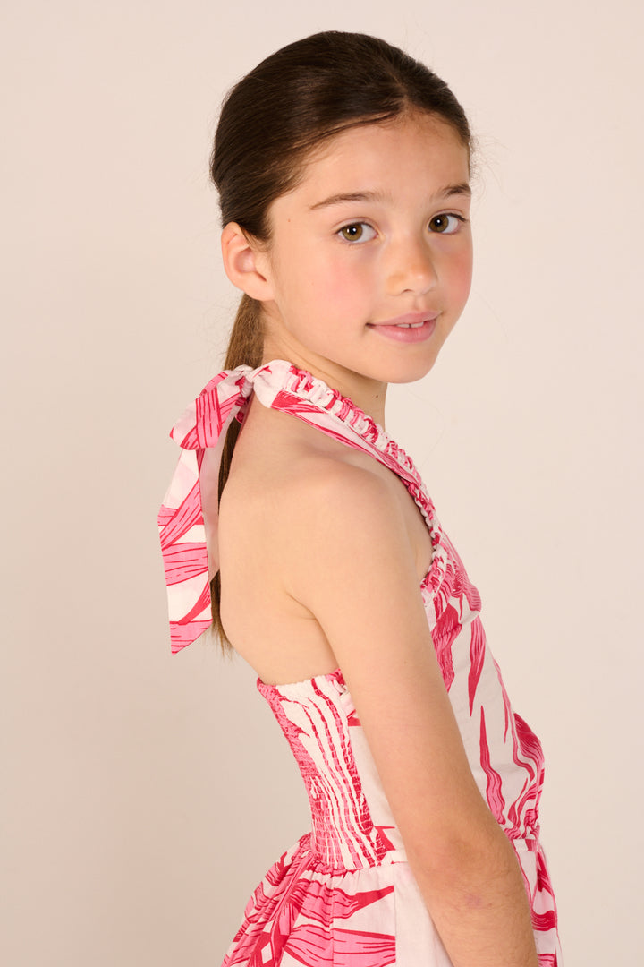 Pink palm leaf Mini Dress Manon for girls by Poupette St Barth, featuring a stylish and comfortable design.