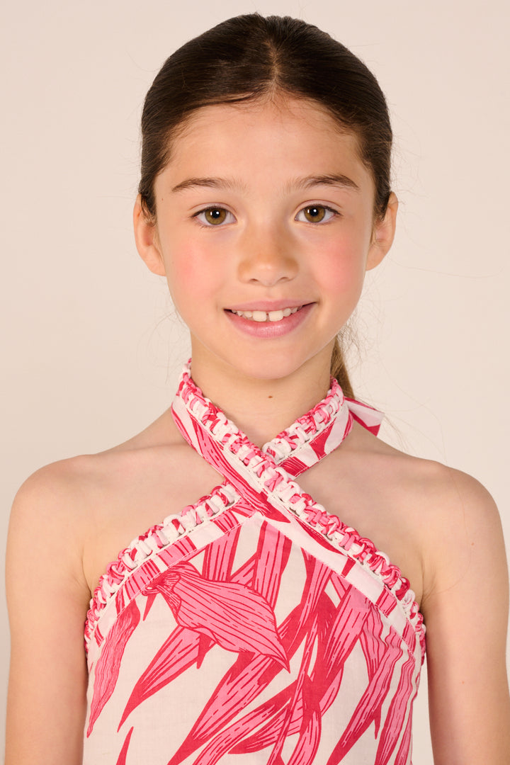 Pink palm leaf mini dress for girls by Poupette St Barth, stylish and lightweight with tropical print.