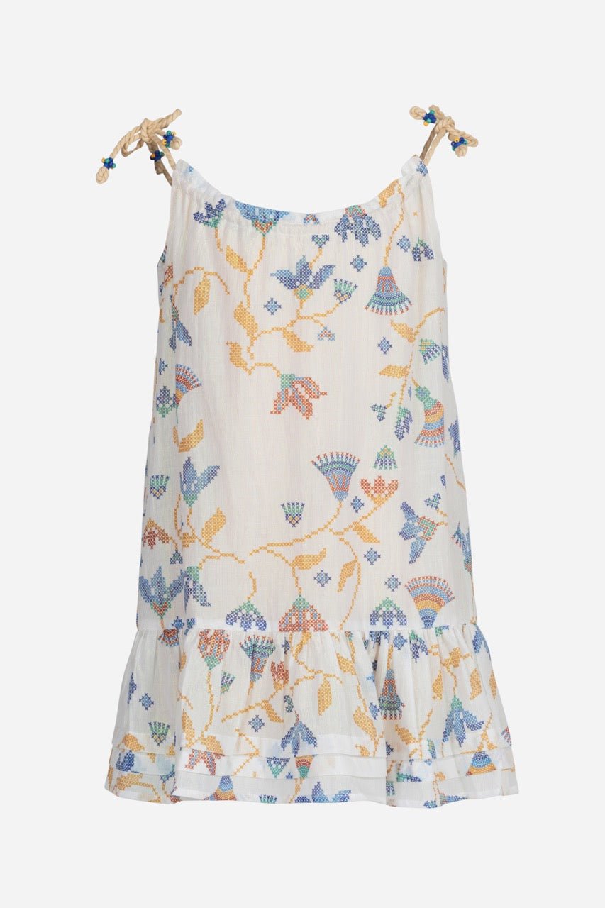Girls' blue Mini Dress Billie by Poupette St Barth featuring a stylish ylang ylang floral print, perfect for warm weather.