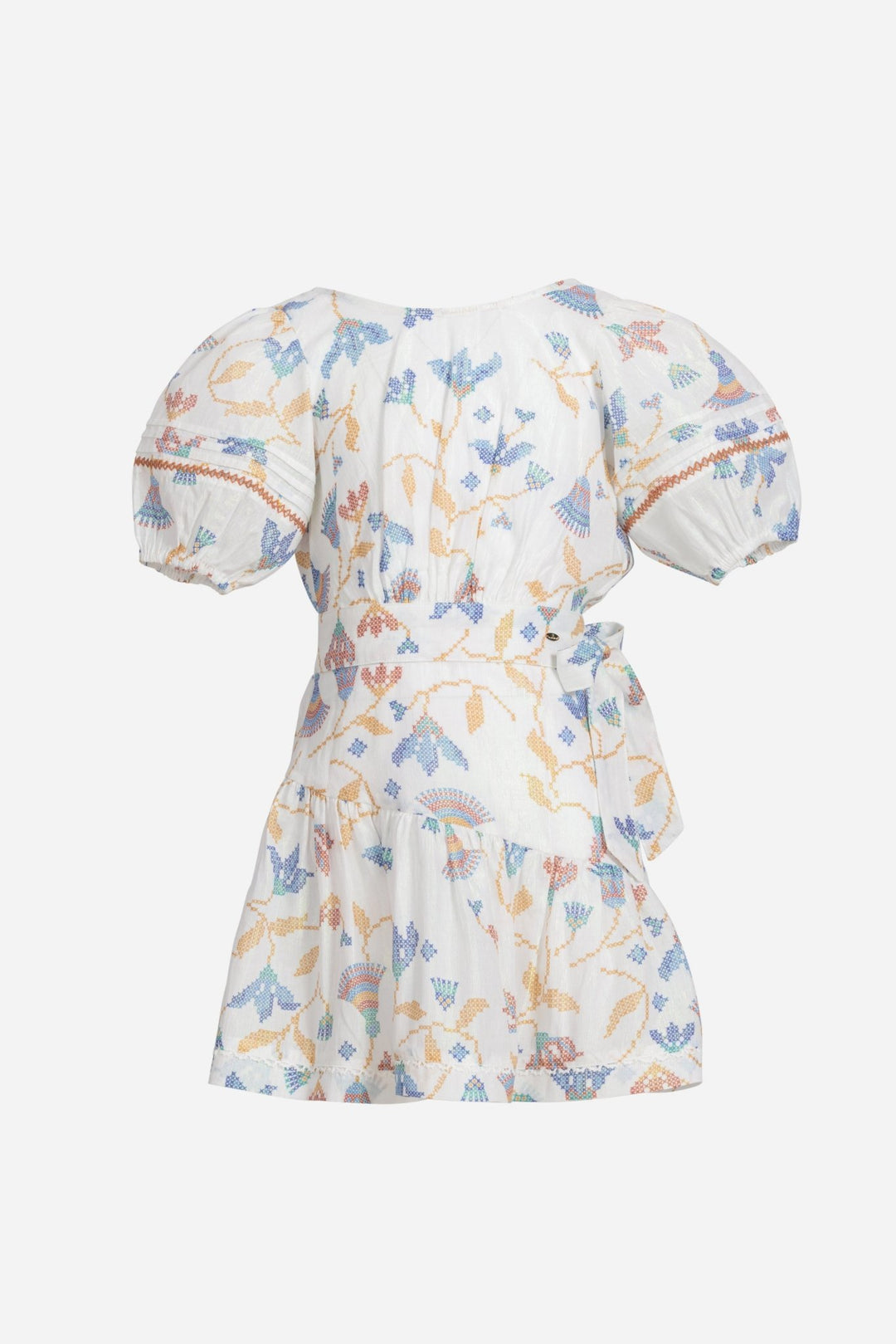 Blue mini dress for girls by Poupette St Barth, featuring a floral Ylang Ylang pattern and lightweight fabric.
