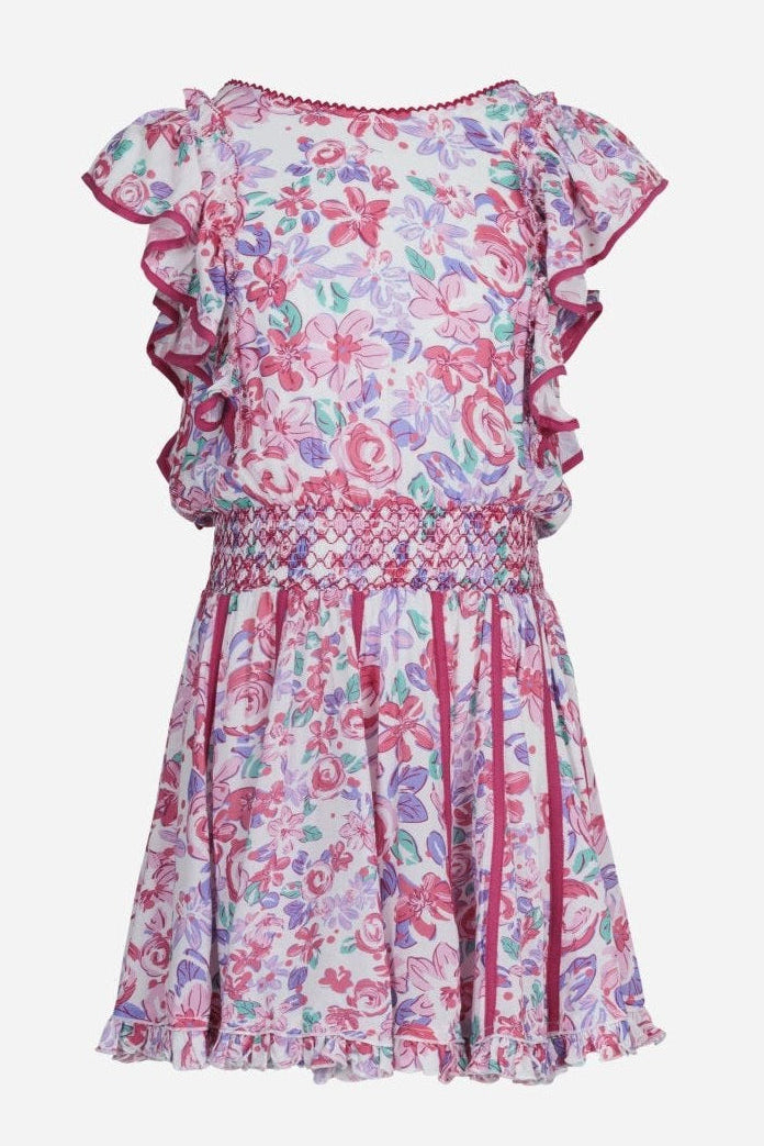 Pink garden rose mini dress for girls by Poupette St Barth, featuring a floral pattern and lightweight fabric.