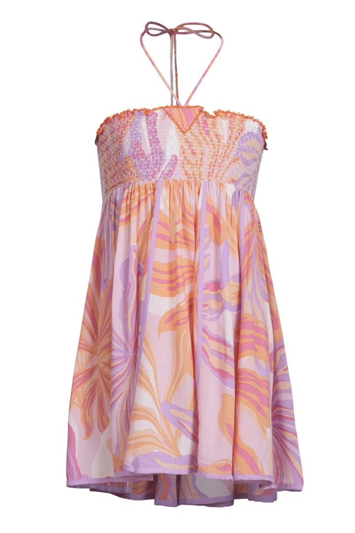 Pink mini dress for girls by Poupette St Barth featuring a Seaweed pattern, perfect for warm weather and casual outings.