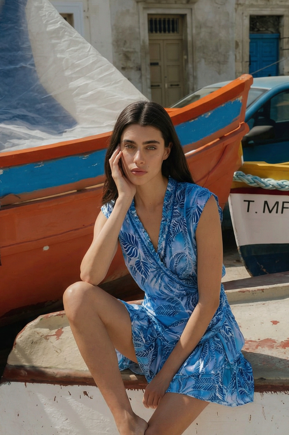 Blue Calathea mini dress – Mini Dress Estelle by Poupette St Barth, front view