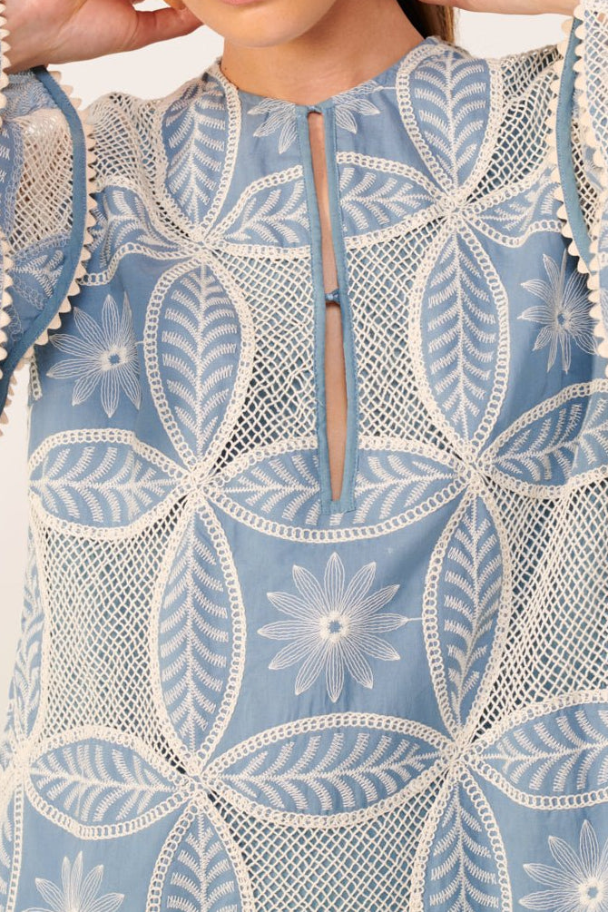 Blue Poupette St Barth Gia Mini Dress in eyelet cotton with mandala pattern, featuring a fitted silhouette and short sleeves.