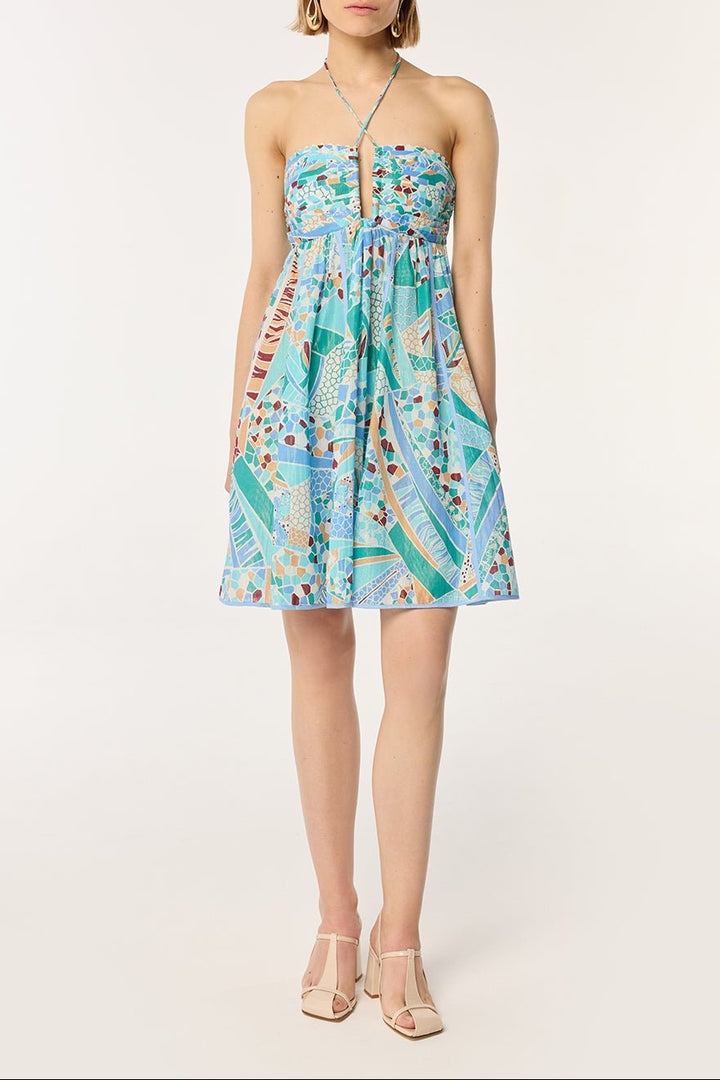 Blue mosaic mini dress by Poupette St Barth, featuring a stylish and vibrant design perfect for warm-weather wear.