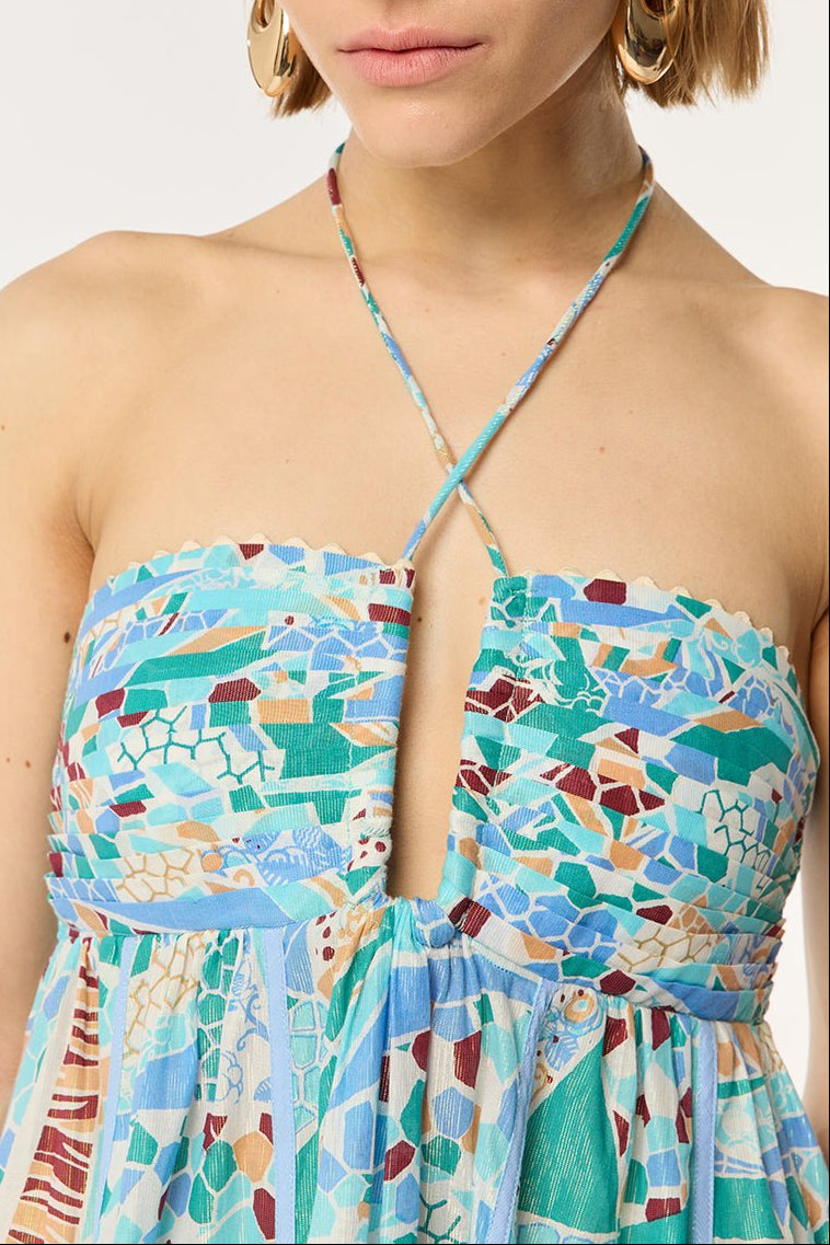 Blue mosaic mini dress by Poupette St Barth featuring a stylish, form-fitting design and vibrant pattern.