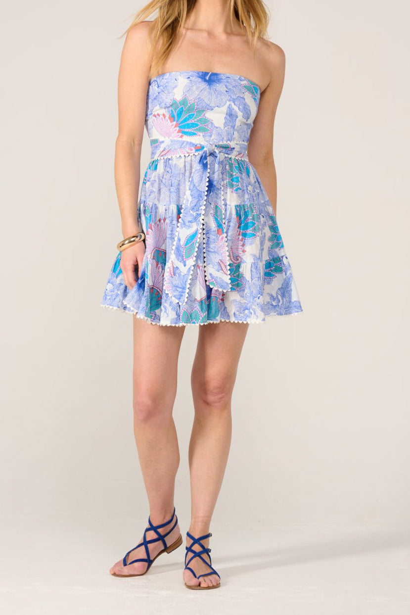 Blue Padang mini dress – Bandeau Dress Christine by Poupette St Barth, full-length front view with tie waist