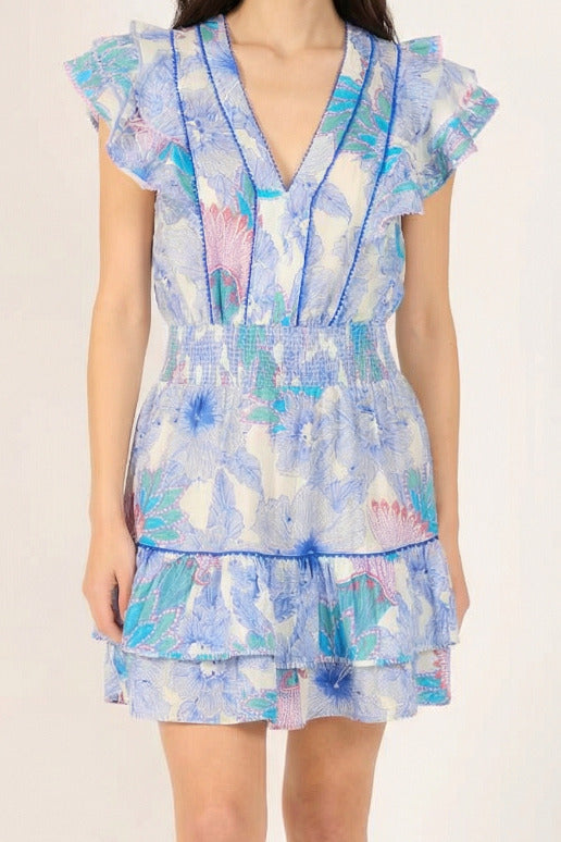 Blue Padang mini dress – Mini Dress Camila by Poupette St Barth, front view with v-neck and smocked waist