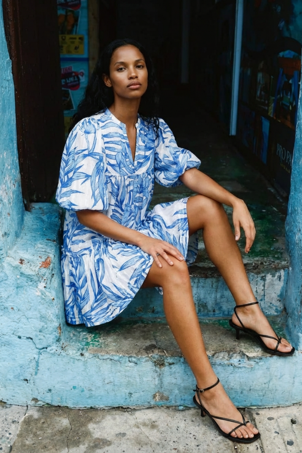 Blue Palm Leaf mini dress – Mini Dress Cruz by Poupette St Barth, front view