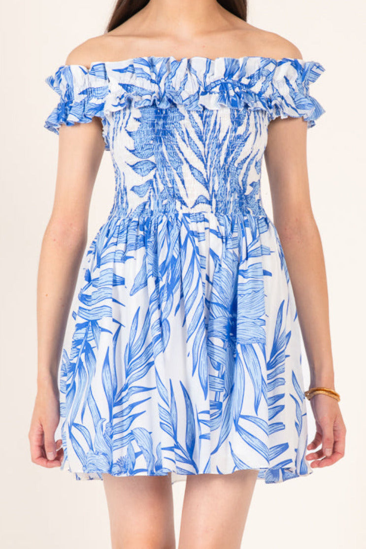 Poupette St Barth Amber Mini Dress with blue palm leaf print, sleeveless cotton design, casual summer style.