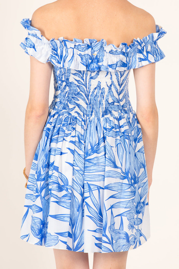 Poupette St Barth Mini Dress Amber in blue palm leaf print, lightweight cotton fabric, sleeveless design, perfect for warm weather.