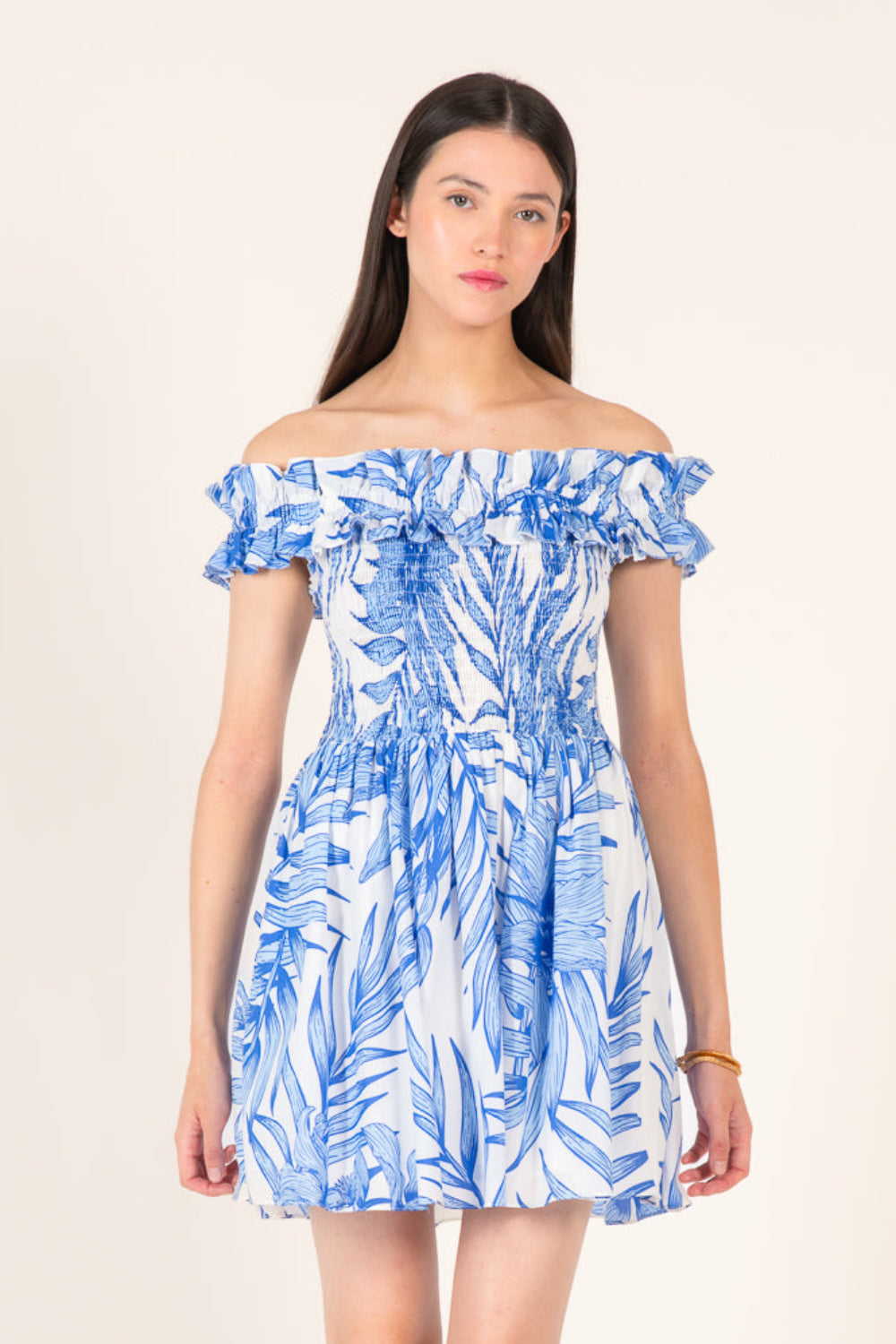 Blue Palm Leaf mini dress – Mini Dress Amber by Poupette St Barth, front view