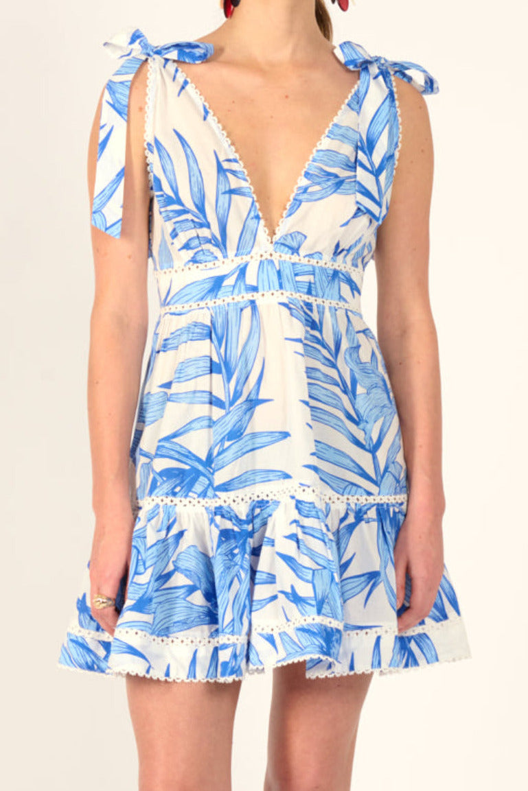 Blue Palm Leaf mini dress – Mini Dress Cara by Poupette St Barth, front view with tie shoulders and V-neck