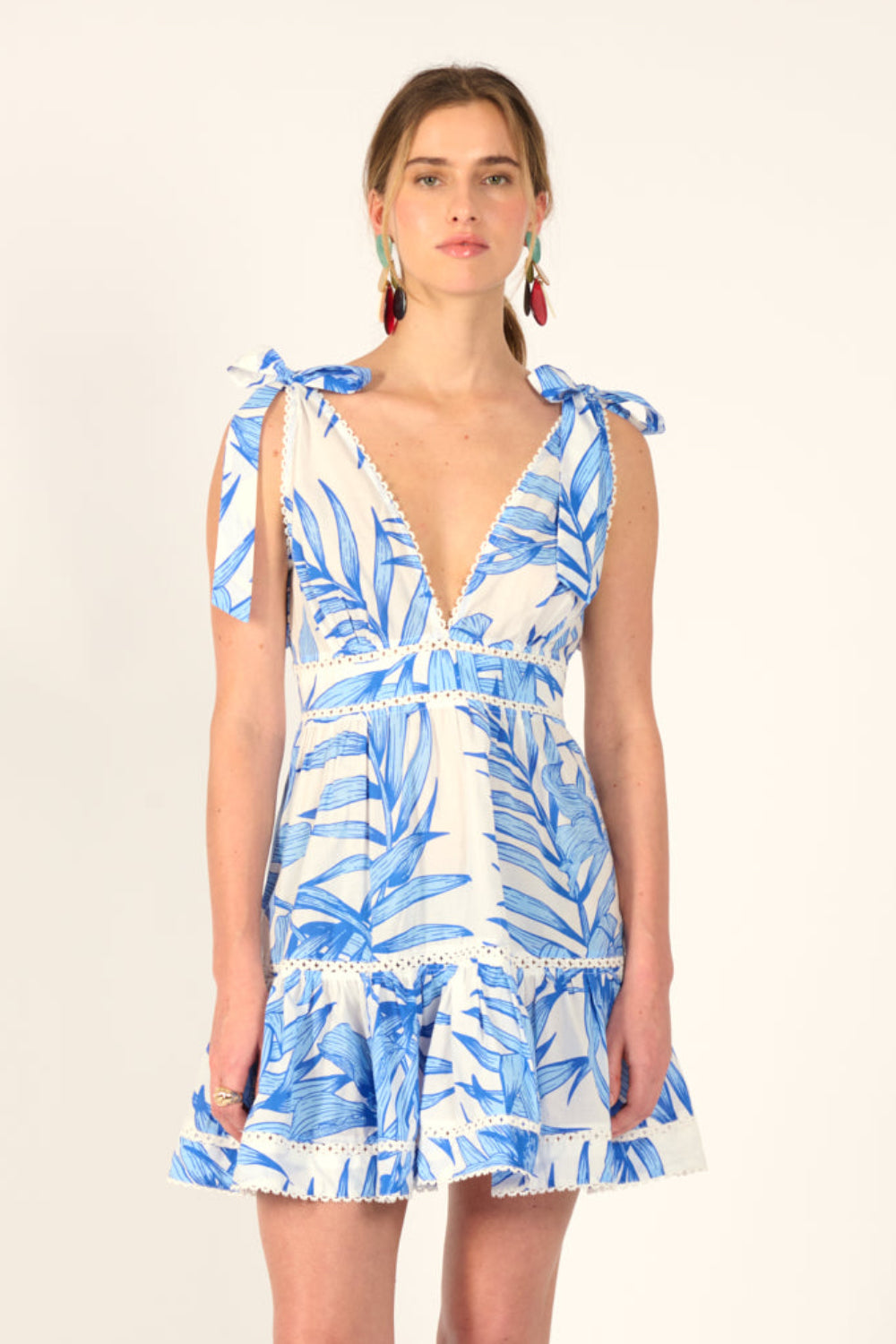 Blue Palm Leaf mini dress – Mini Dress Cara by Poupette St Barth, front view