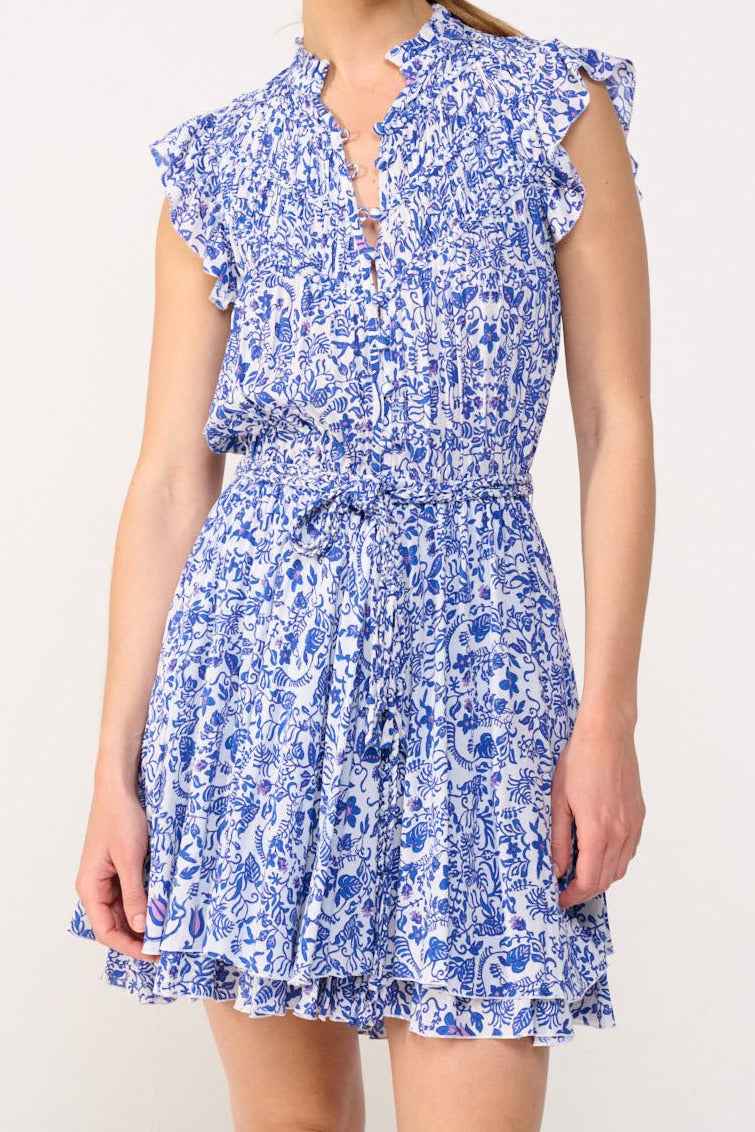 Blue Tiare mini dress – Mini Dress Callie by Poupette St Barth, front view with ruffled neckline and tie waist