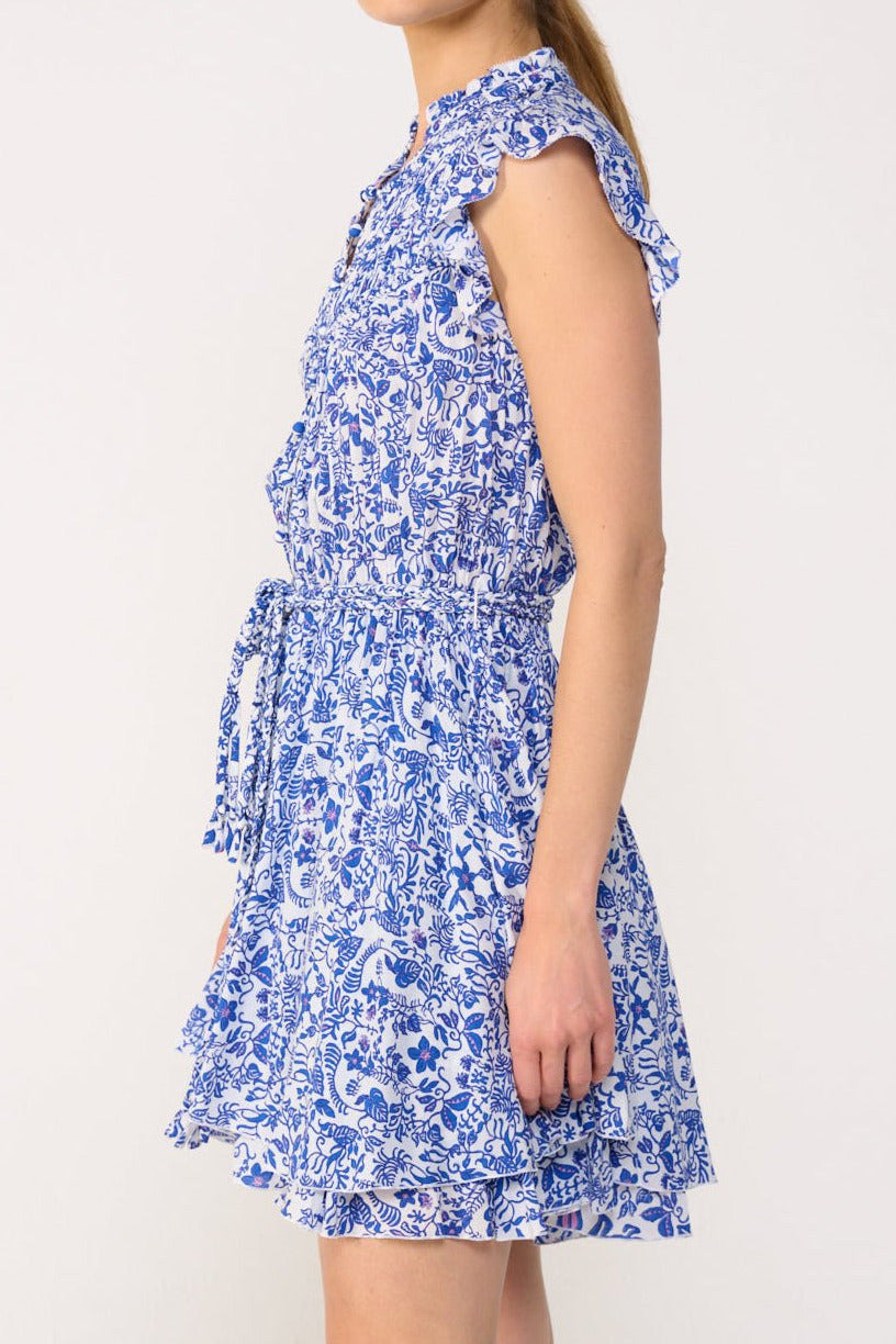Blue Callie mini dress by Poupette St Barth, sleeveless viscose dress with a flowy silhouette and subtle floral print.