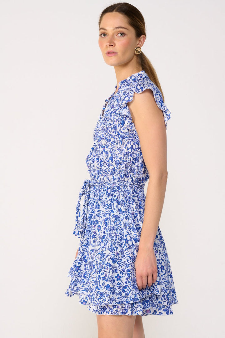 Blue Callie Mini Dress by Poupette St Barth, featuring a stylish, sleeveless design with a flowing silhouette and vibrant print.